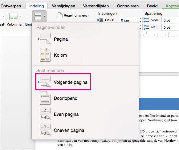 Klik op Volgende pagina als u een sectie-einde wilt invoegen om erop volgende tekst op de volgende pagina te laten beginnen.