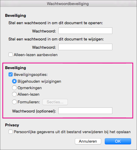 Sectie Beveiliging is gemarkeerd