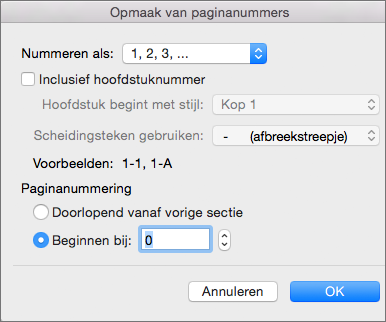 Selecteer een nummeringstijl en het eerste nummer in Opmaak van paginanummer.