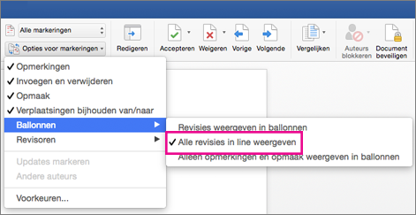 Alle revisies in de tekst weergeven is gemarkeerd