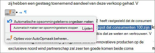 De optie om te stoppen met het automatisch maken van lijsten met opsommingstekens is gemarkeerd.