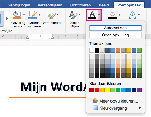 Tabblad Opmaak van de vorm met de optie Tekstopvulling gemarkeerd.