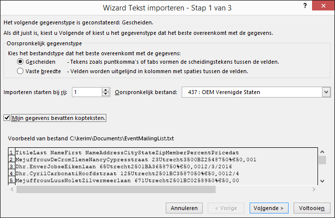 Excel - Externe gegevens uit tekst ophalen, wizard Tekst importeren, stap 1 van 3