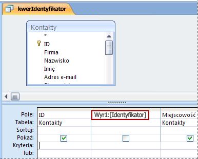 Kwerenda zawierająca wyrażenie, które powoduje wyświetlanie okna dialogowego Wprowadzanie wartości parametru