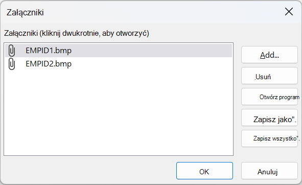 Okno dialogowe Załączniki w programie Access z wyświetlonymi dwoma plikami BMP.
