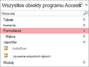 Uwaga dotycząca okienka nawigacji programu Access