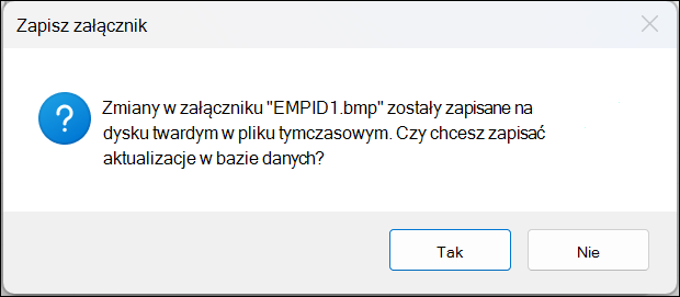 Okno komunikatu potwierdzenia zapisywania załącznika z przyciskami Tak i Nie.
