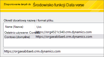 Wprowadzanie adresu URL Dataverse