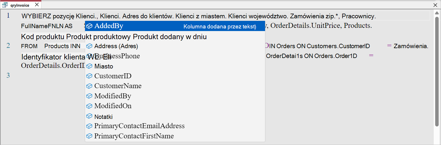 Zrzut ekranu przedstawiający funkcję autouzupełniania w Monako.