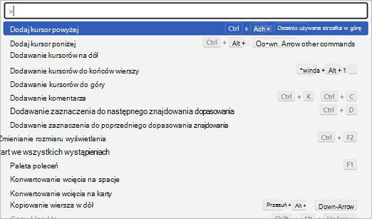 Zrzut ekranu przedstawiający wszystkie skróty klawiaturowe dostępne w monako