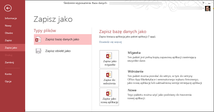 Opcje Zapisz jako bazę danych na ekranie Zapisz jako