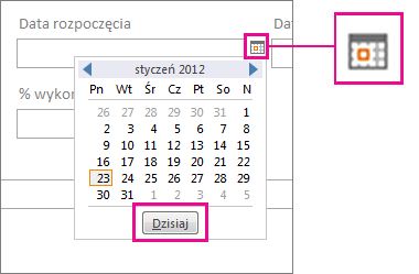 Selektor dat z wyróżnionym przyciskiem Dzisiaj.