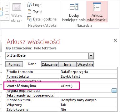 Arkusz właściwości z ustawioną wartością Date() właściwości Wartość domyślna.