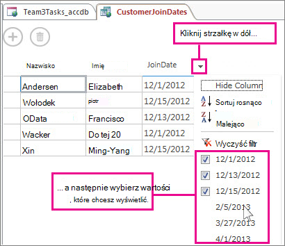 Filtrowanie kolumny w kwerendzie w aplikacji programu Access.
