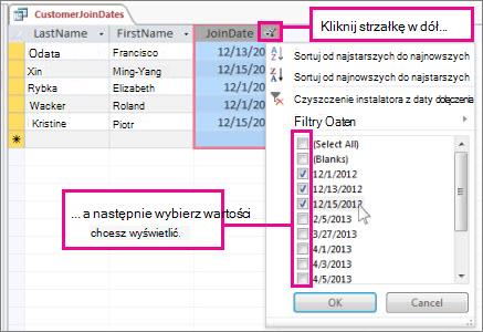 Filtrowanie kolumny zapytania w bazie danych dla komputerów stacjonarnych.