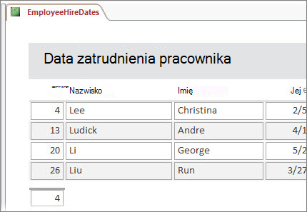 Raport pracowników przefiltrowany w dół do pracowników, których nazwiska zaczynają się od L.