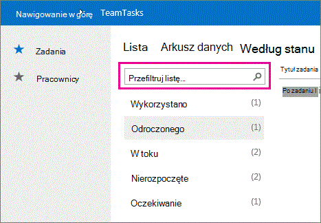 Pole wyszukiwania w widoku podsumowania.
