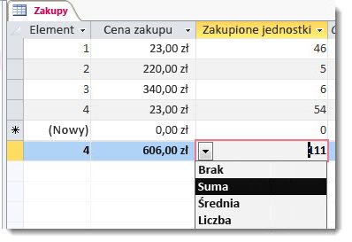 Wiersz sumy z funkcjami obliczającymi sumę i liczbę elementów