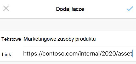 Okno dialogowe Dodawanie linku w aplikacji Outlook dla systemu iOS.