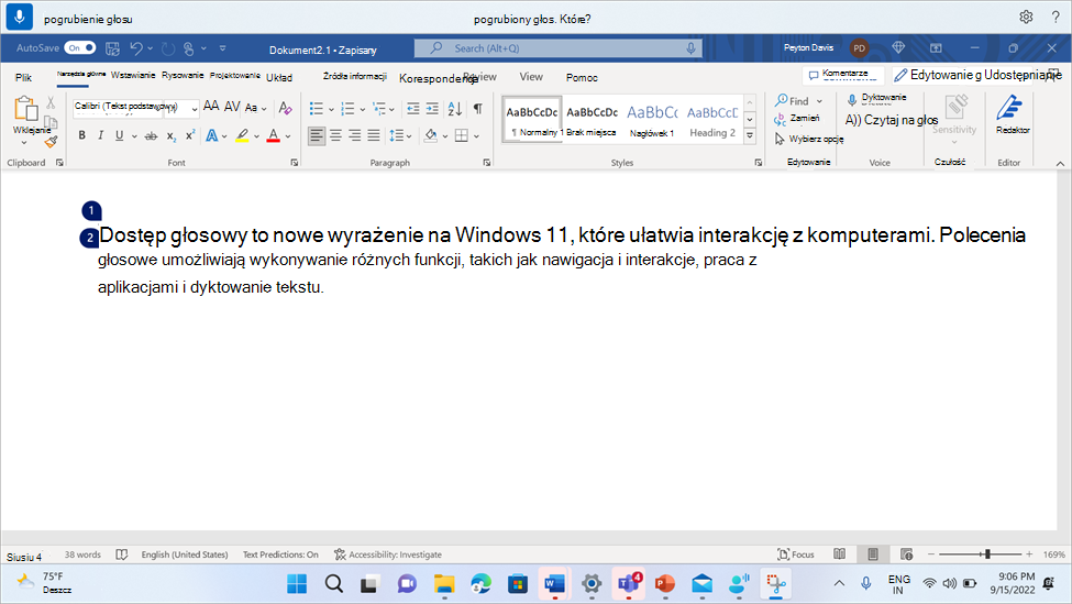 Word dokumencie z wyświetlonym poleceniem dostępu głosowego Pogrubienie.
