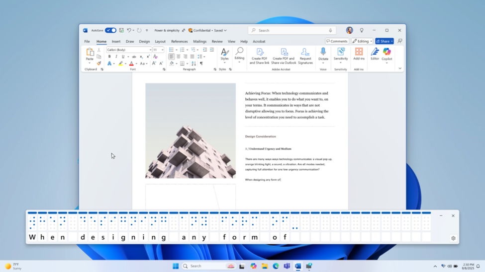 Tekstowa reprezentacja ekranowa i reprezentacja Alfabetu Braille'a wyświetlana nad dokumentem Word.