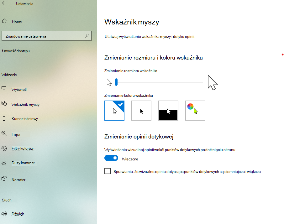 Zmienianie rozmiaru i koloru wskaźnika w aplikacji Ustawienia Windows 10