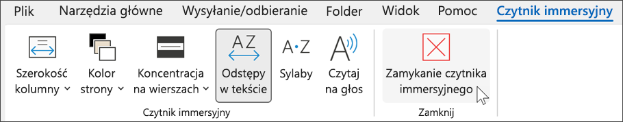 Narzędzie czytnika immersyjnego w programie Outlook z kursorem umieszczonym na zamknięciu