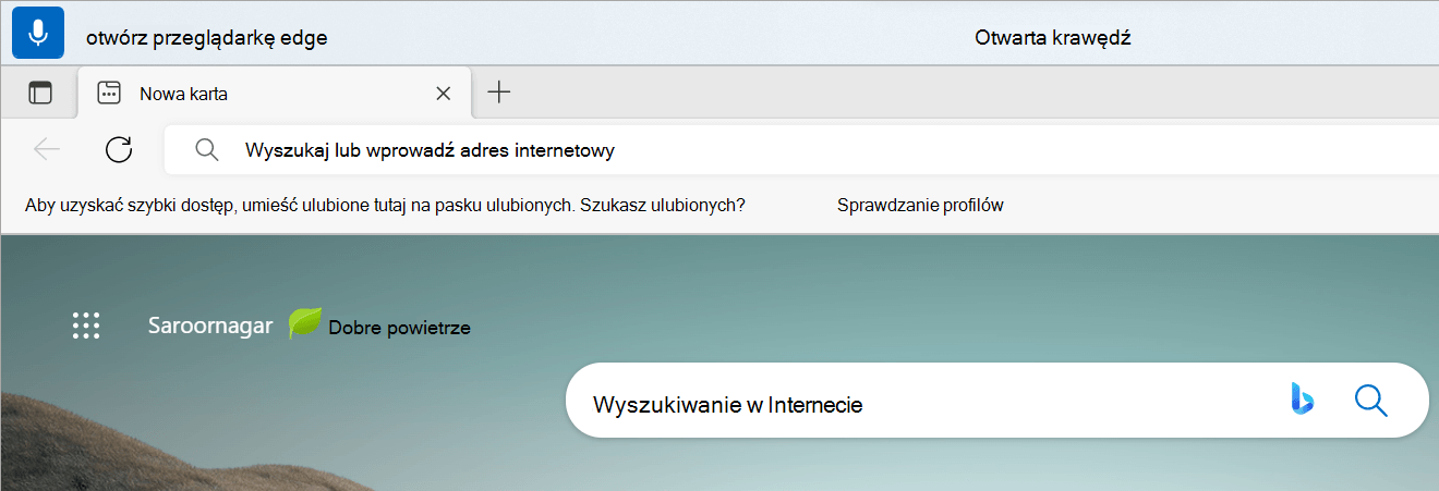 Interfejs użytkownika dostępu głosowego jest w stanie słuchania, z otwartą krawędzią jako opinią w czasie rzeczywistym i otwartą krawędzią jako opinią o wykonywaniu poleceń.