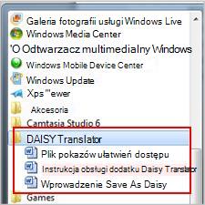 Menu Start z plikami dodatku Daisy po instalacji