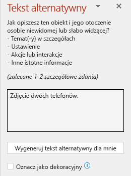 Okienko tekstu alternatywnego przedstawiające przykład nieprawidłowego tekstu alternatywnego.