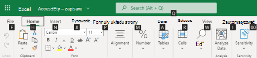Porady dotyczące klawiszy karty wstążki w programie Excel dla sieci Web.