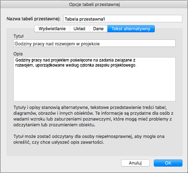 Okno dialogowe Tekst alternatywny dla tabeli przestawnej programu Excel.