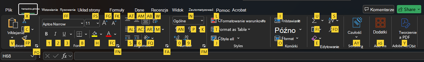 Klawisze skrótu wstążki w programie Excel.