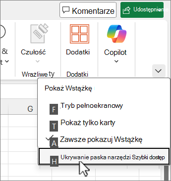 Polecenie klawiatury umożliwiające ukrycie paska narzędzi Szybki dostęp