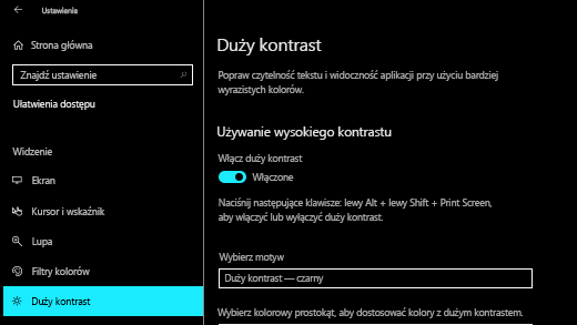 Włącz duży kontrast w aplikacji Windows 10 Ustawienia.
