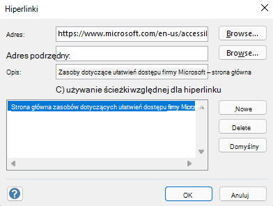 Okno dialogowe Hiperlinki w programie Visio dla systemu Windows.