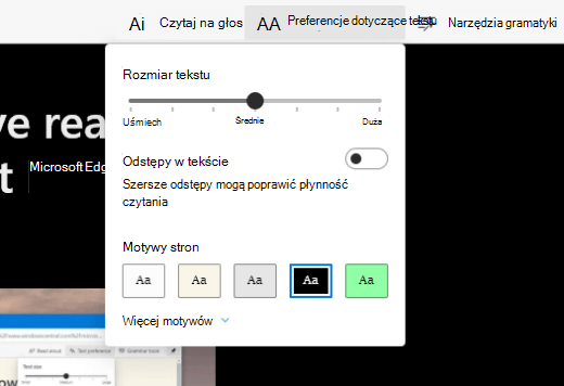 Widok czytnika immersyjnego aktywowany w programie Microsoft Edge z wyświetlonymi menu widoków.