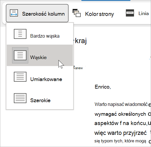 zrzut ekranu przedstawiający listę rozwijaną szerokości kolumny dla czytnika immersyjnego, opcje to: bardzo wąska, wąska, umiarkowana, szeroka