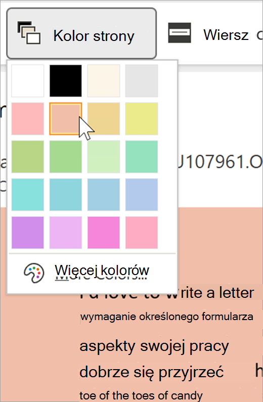 zrzut ekranu przedstawiający menu rozwijane koloru strony dla czytnika immersyjnego. Zostanie wyświetlona paleta kolorów, a tło widoczne za listą rozwijaną będzie pastelowo pomarańczowe