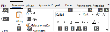 Porady dotyczące klawiszy wyświetlane na wstążce programu Visio w systemie Windows.