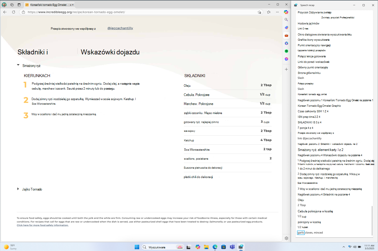 Okno podsumowania mowy Narratora zostało przyciągnięty w prawym rogu ekranu, pokazujące transkrypcję mowy Narratora w czasie rzeczywistym.