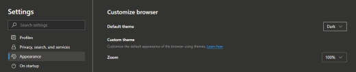 Opcja trybu ciemnego Microsoft Edge w wybranych ustawieniach wyglądu.