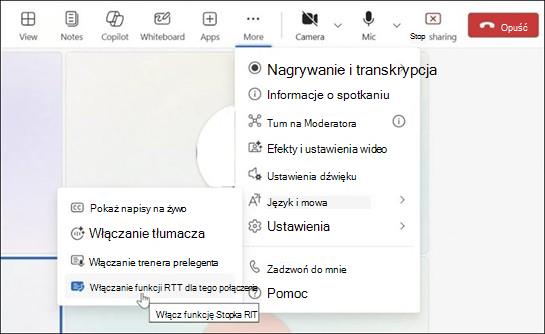 Więcej akcji dotyczących spotkania w aplikacji Teams w aplikacji Windows.