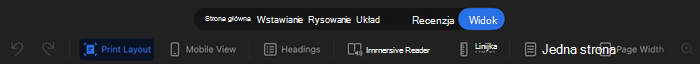 zrzut ekranu przedstawiający program Word na ipadzie z wybranym czytnikiem immersyjnym widoku>, dostępne są opcje dotyczące koloru strony, szerokości kolumny i odstępów w tekście