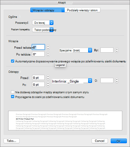 Okno dialogowe Akapit w Outlook dla komputerów Mac.