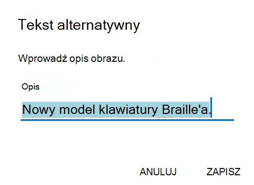 Okno dialogowe Tekst alternatywny aplikacji Outlook dla systemu Android.