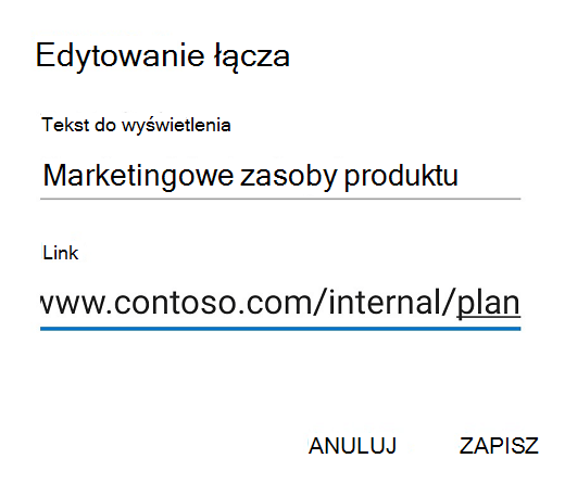 Okno dialogowe edytowania linku w aplikacji Outlook dla systemu Android.