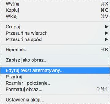 Opcja Edytowanie tekstu alternatywnego w menu kontekstowym w programie PowerPoint dla komputerów Mac