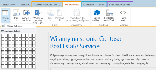 Zrzut ekranu przedstawiający wstążkę usługi SharePoint Online. Wybierz kartę Wstawianie, a następnie wybierz pozycję Wstaw tabelę, aby określić liczbę wierszy i kolumn dla nowej tabeli.