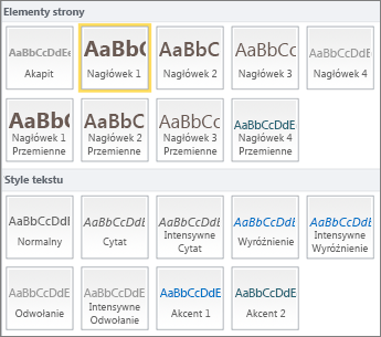 Zrzut ekranu przedstawiający elementy strony i style tekstu dostępne w grupie Style na wstążce usługi SharePoint Online.